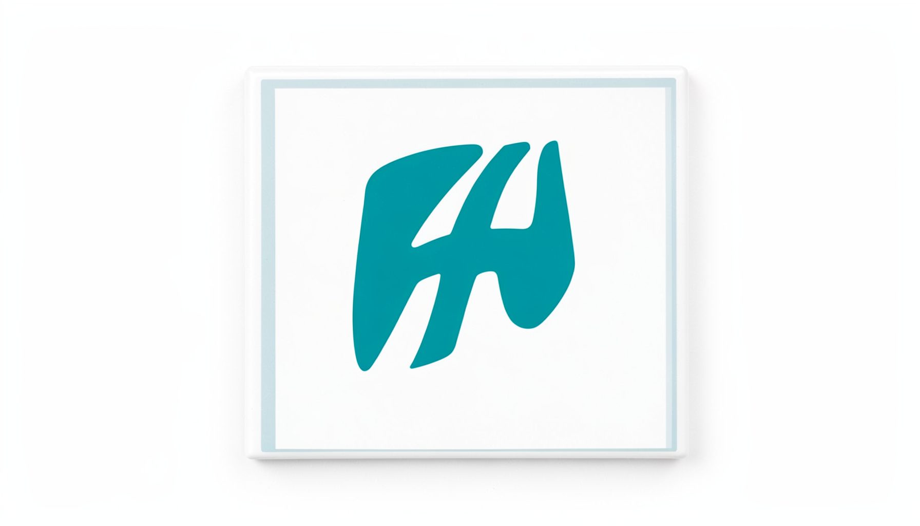 A square logo tile with a white background and a thin light-grey border, featuring a bold teal abstract mark.