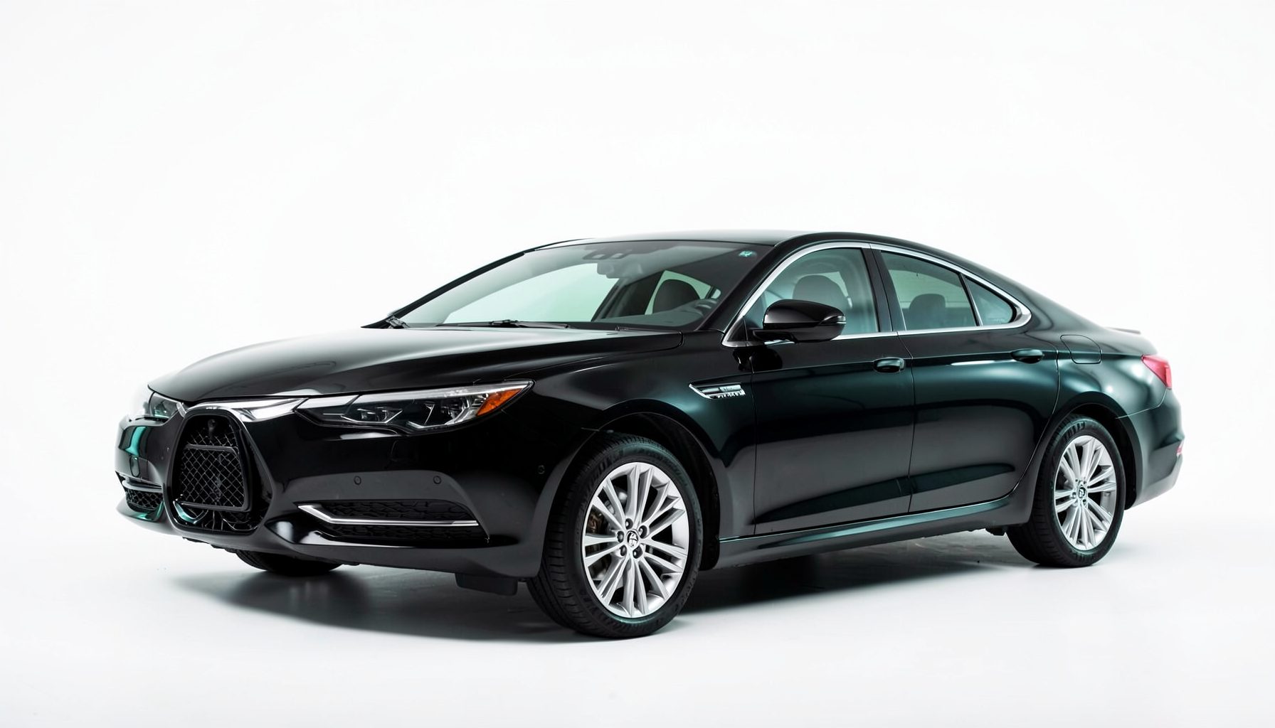 A glossy black car photographed against a clean white studio backdrop, with subtle teal reflections on the bodywork.