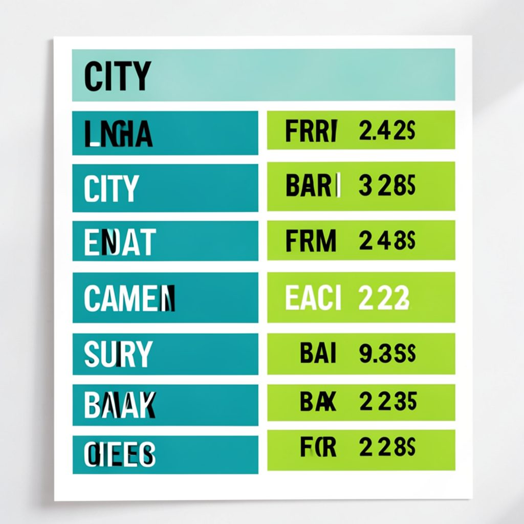 A tournament schedule poster with a clean white background, teal and lime-green accent blocks, listing city names and dates in a bold sans-serif layout.