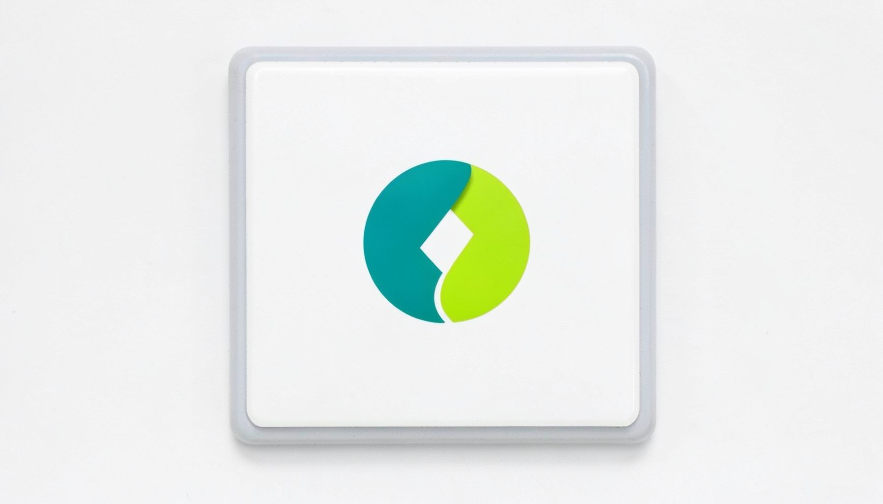A square logo tile with a white background and a thin light-grey border, featuring a teal and lime-green combination mark.
