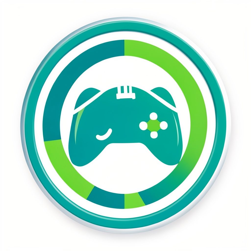 A circular emblem in teal and lime-green tones, featuring a football and controller motif on a white background.