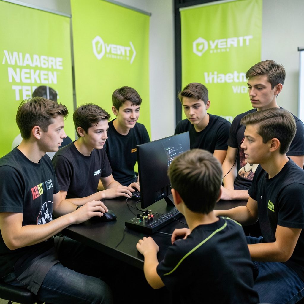 A group of young players gathered around a gaming station, watching intently, with lime-green event branding visible on banners behind them.