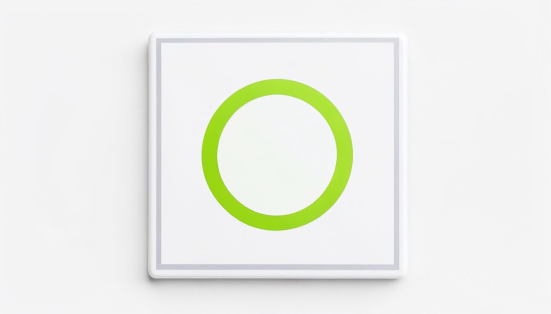 A square logo tile with a white background and a thin light-grey border, featuring a lime-green circular emblem.