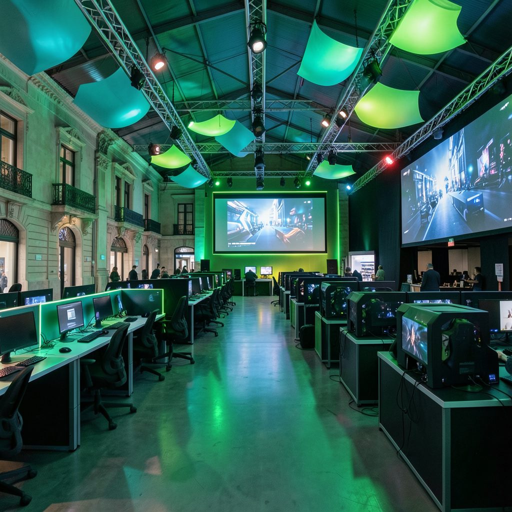 A wide-angle view of a modern event space in Madrid with teal and lime-green decorative lighting, rows of gaming stations, and a large display screen.