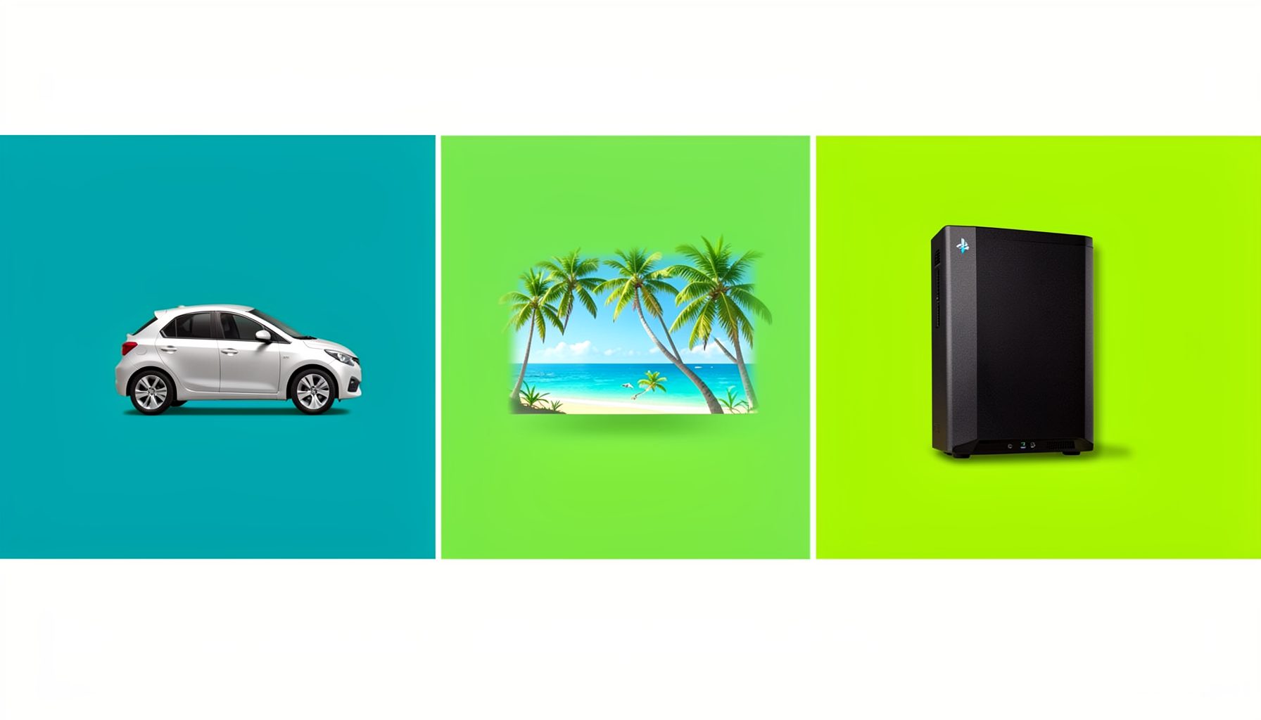 A horizontal promotional banner with teal and lime-green colour blocks, displaying prize icons for a car, a tropical beach trip, and a PlayStation 3 console.