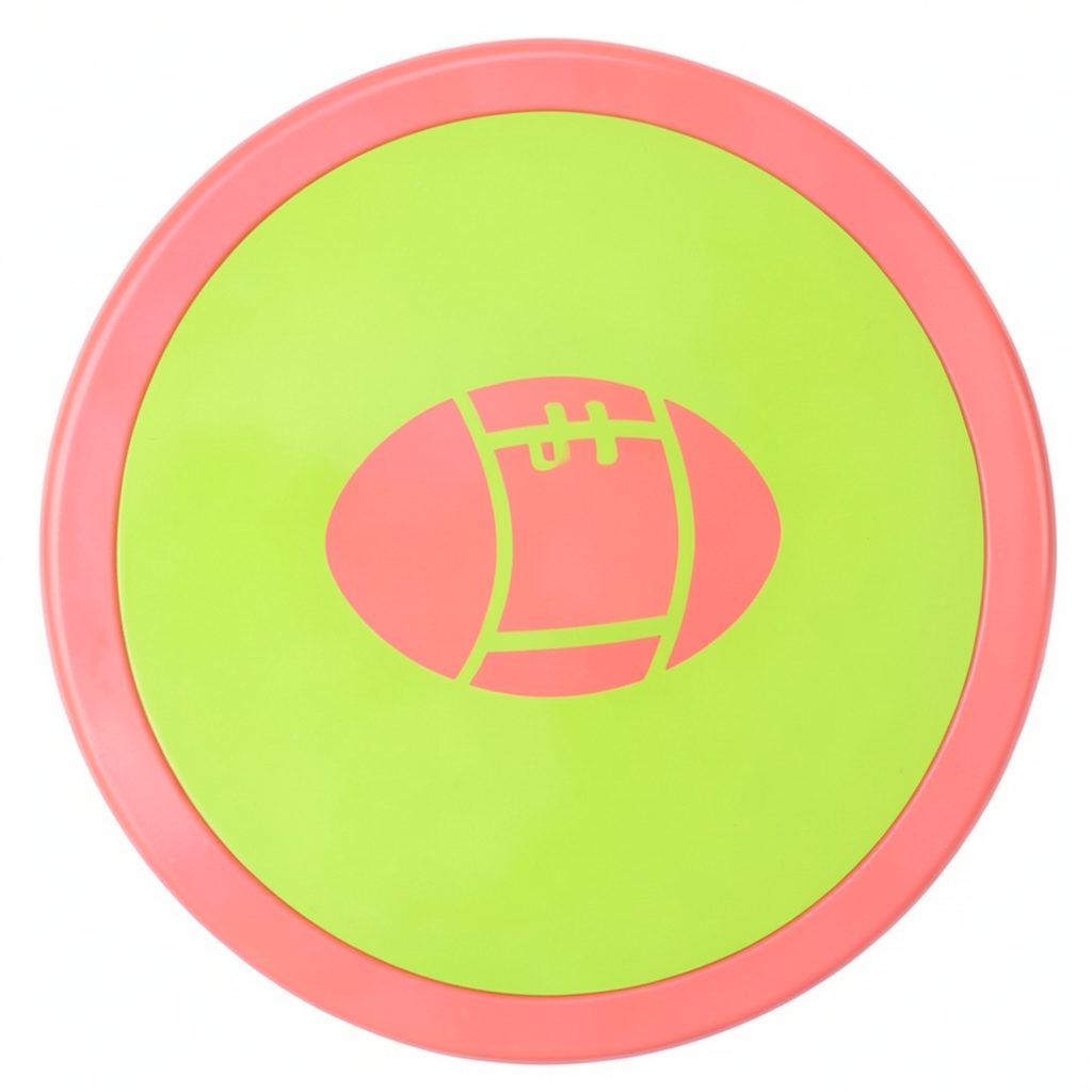 A circular badge with a lime-green fill and a coral-pink outline, featuring a stylised football icon at its centre.